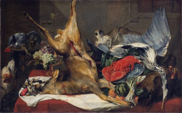 Martwa natura z martwą zwierzyną, małpą, papugą i psem