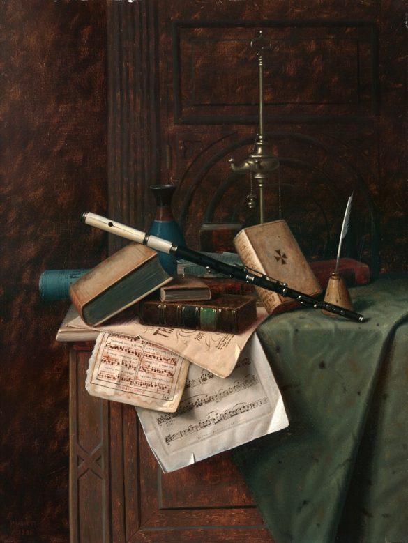 Martwa natura z fletem, wazonem i lampą rzymską (1885)