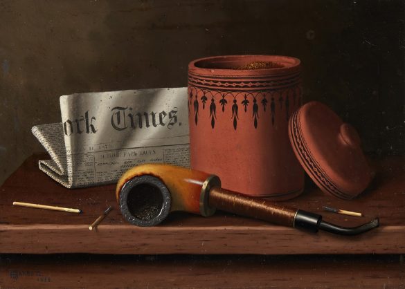 William Harnett - Martwa natura z New York Times, słoikiem tytoniu, fajką i zapałkami (1879)