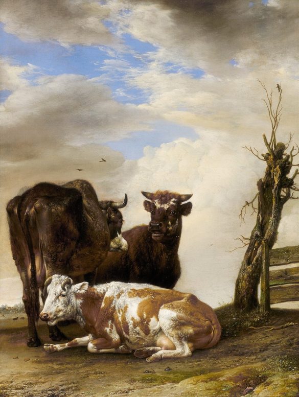 Dwie krowy i młody byk przy płocie na łące (1647)