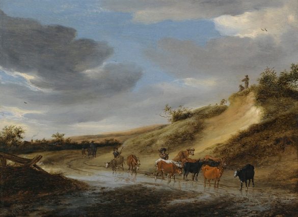 Salomon van Ruysdael - Rozległy krajobraz z bydłem i ich pasterzami podążającymi częściowo zalaną wiejską drogą