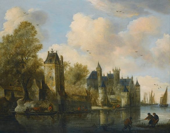 Salomon van Ruysdael - Ufortyfikowane miasto nad rzeką z promem