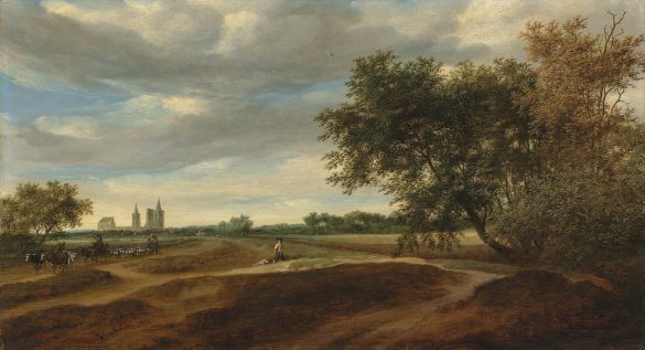 Salomon van Ruysdael - Zalesiony krajobraz z pasterzem na koniu pędzącym bydło i pasterzami ze swoją trzodą (1663)