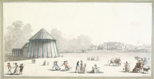 Widok pawilonu wzniesionego w Green Park przedstawiającego oblężenie Gibraltaru przez Johna Singletona Copleya (1791)