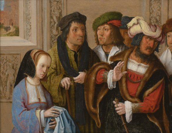 Żona Potyfara pokazuje swemu mężowi płaszcz Józefa. W tle; Zabranie Józefa do więzienia (ok. 1512 r.)