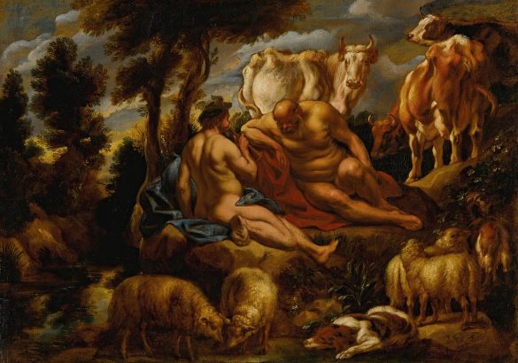Merkury grający Argusa do snu na swoim flecie, z Io przemienionym w białą jałówkę (1648)