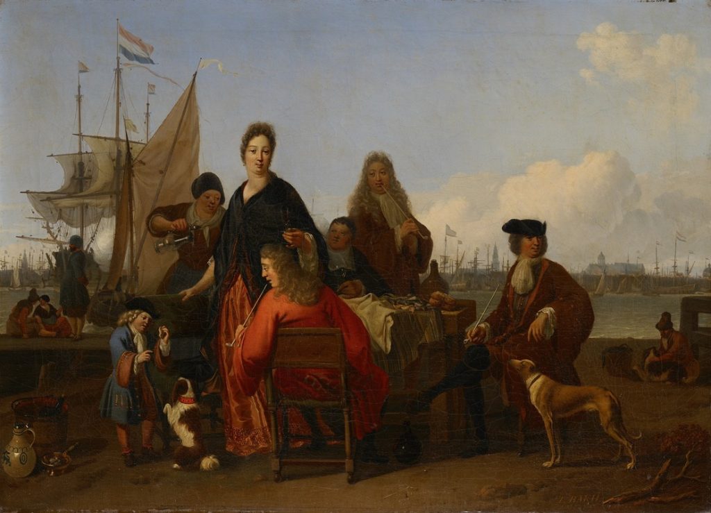 Rodziny Bakhuysen i de Hooghe jedzą obiad w Mosselsteiger (molo Mussel) na Y, Amsterdam, Ludolf Bakhuysen, 1702 (1702)